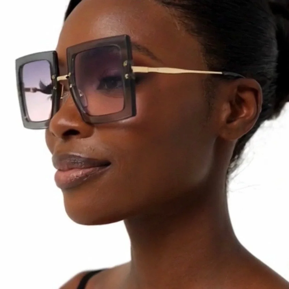 Womens Oversized Square Sunglasses Grey Gradient Purple Pink Lens Gold Metal New